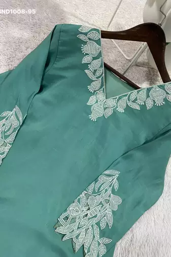 teal green embroidered cotton blend kurta set