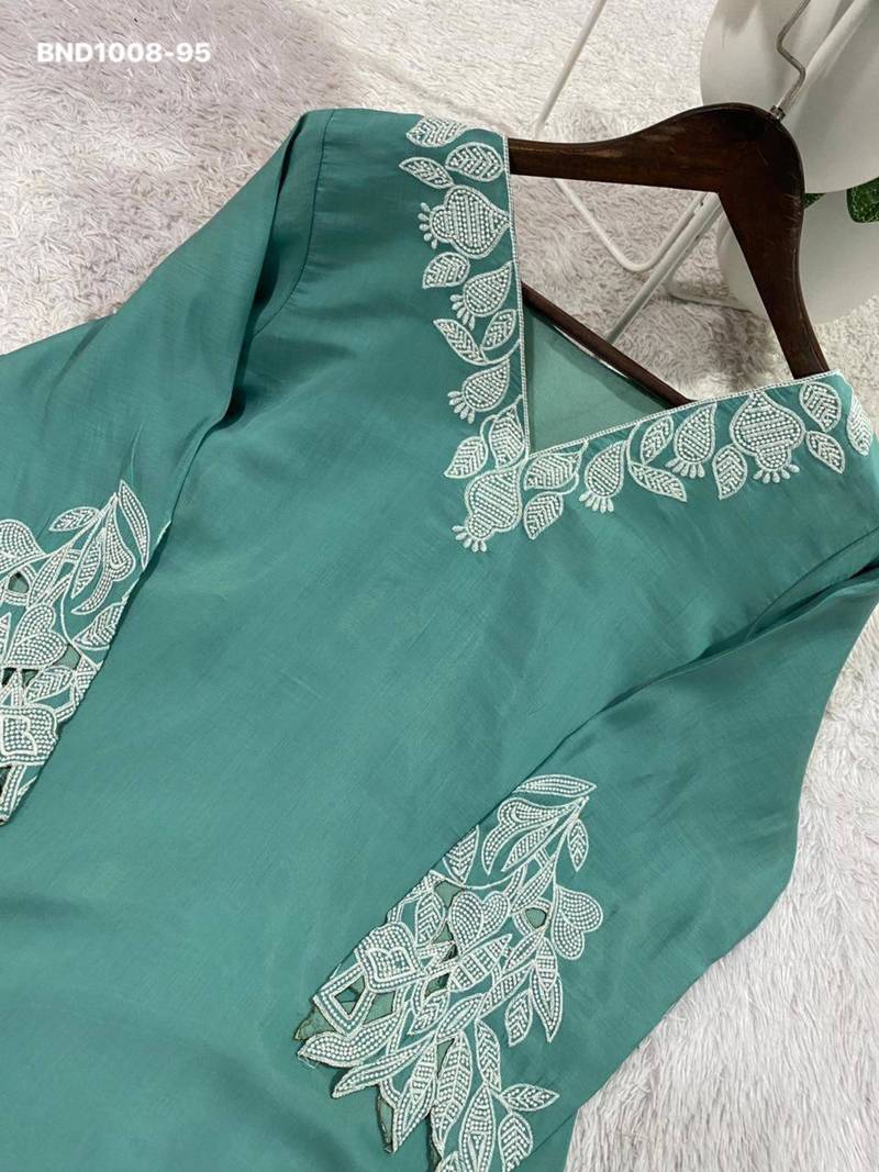 Teal-green cotton blend embroidered kurta-sets