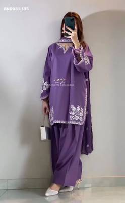 purple embroidered cotton blend kurta set 1