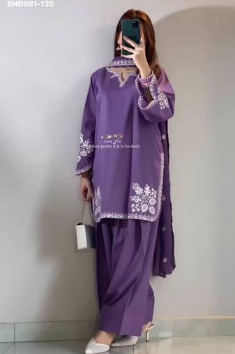 Purple cotton blend embroidered kurta-sets