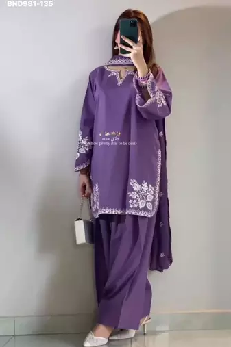 Purple cotton blend embroidered kurta-sets