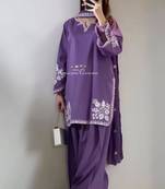 Purple cotton blend embroidered kurta-sets