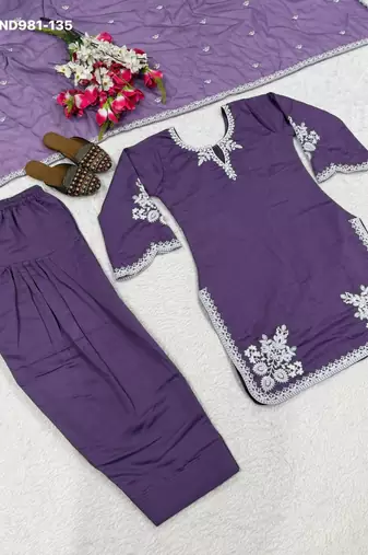 purple embroidered cotton blend kurta set