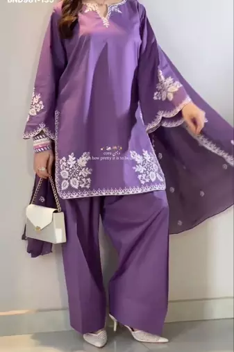 purple embroidered cotton blend kurta set