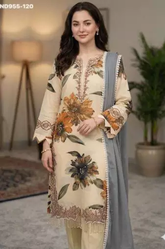cream muslin kurta set with embroidered floral print