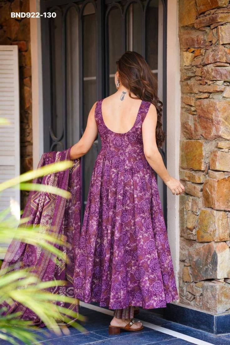 Purple cotton blend printed kurta-sets