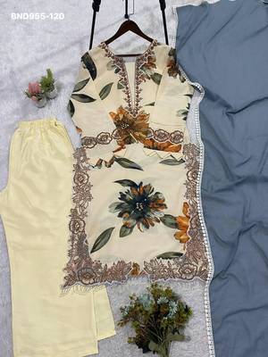 cream muslin kurta set with embroidered floral print 3
