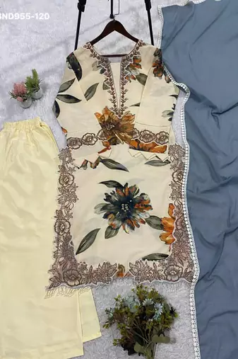 cream muslin kurta set with embroidered floral print