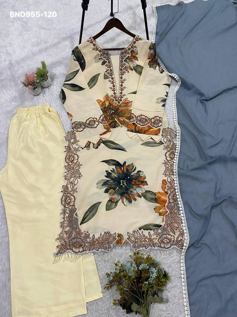 Cream muslin embroidered kurta-sets