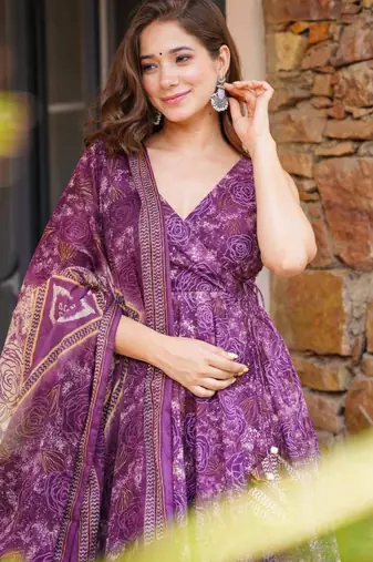 purple printed cotton blend kurta set