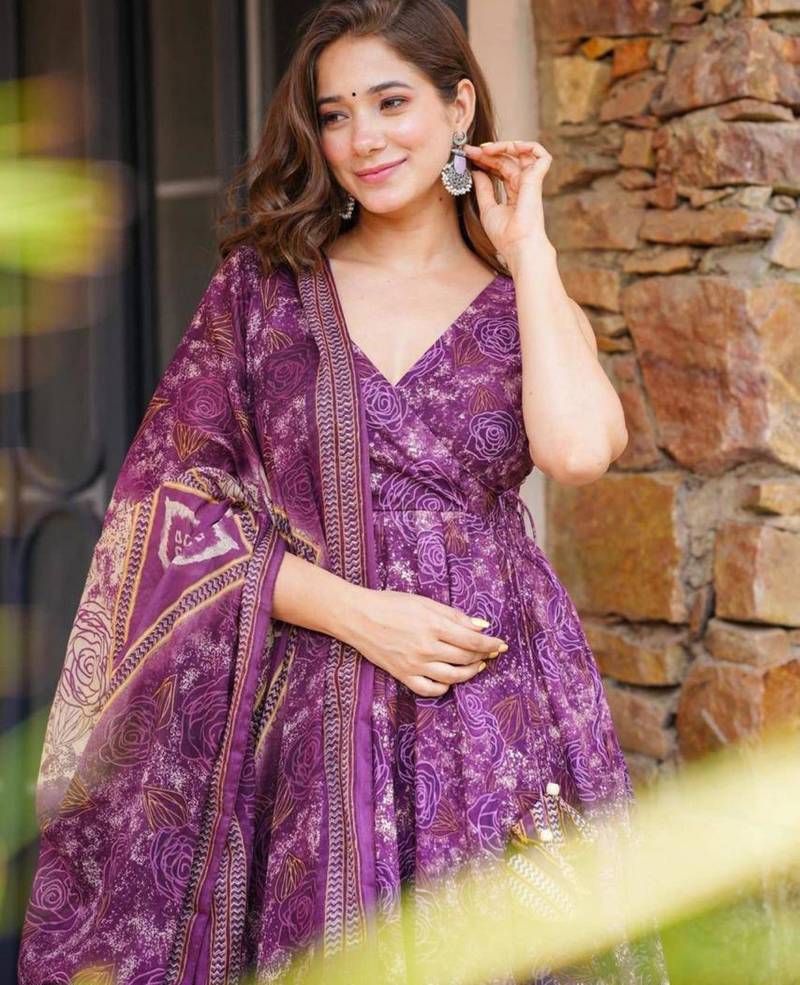 Purple cotton blend printed kurta-sets
