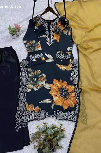 black muslin kurta set with embroidered floral work