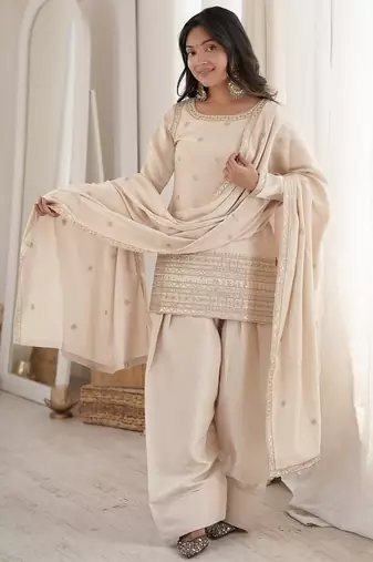 Beige silk embroidered kurta salwar suit set with dupatta