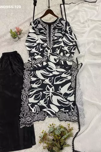 black muslin kurta set with embroidered floral design