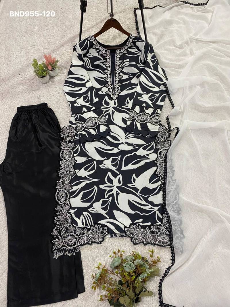 Black muslin embroidered kurta-sets