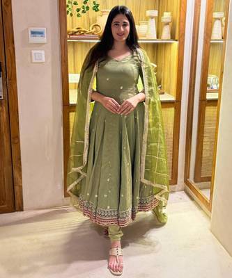 olive vichitra silk anarkali suit with embroidery 1