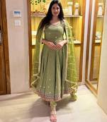 Olive vichitra silk embroidered kurta-sets