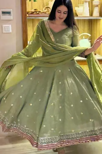 olive vichitra silk anarkali suit with embroidery