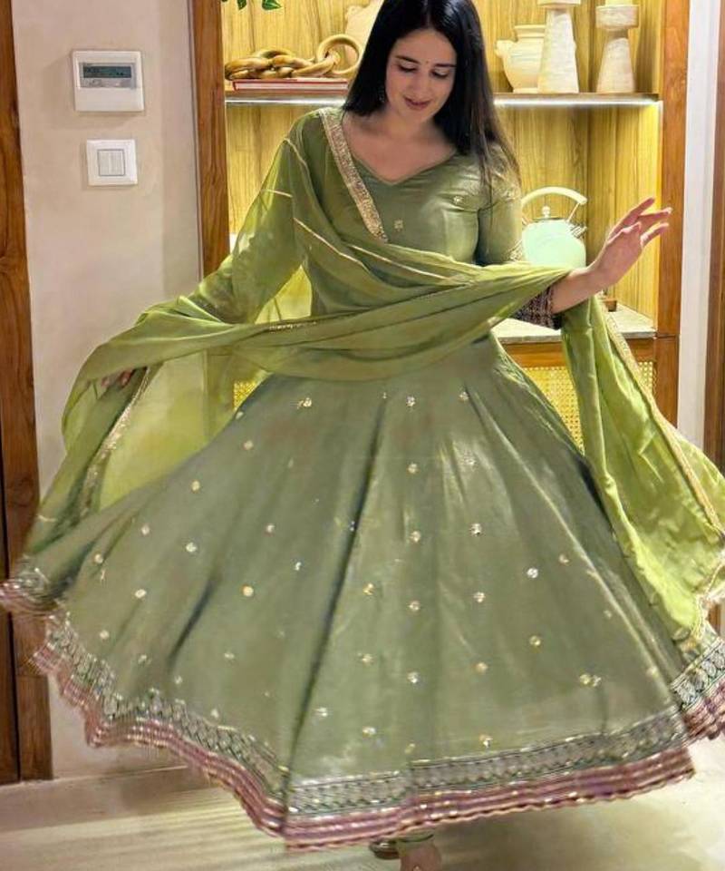 Olive vichitra silk embroidered kurta-sets