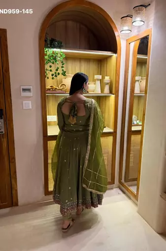 olive vichitra silk anarkali suit with embroidery