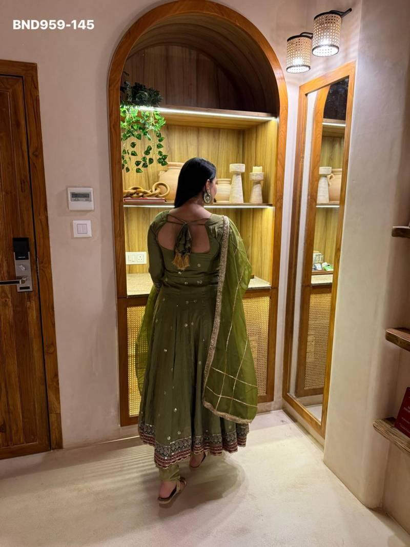Olive vichitra silk embroidered kurta-sets