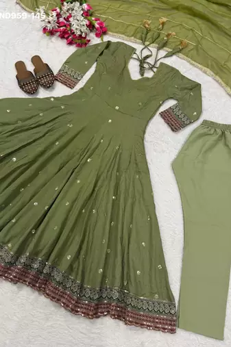 olive vichitra silk anarkali suit with embroidery