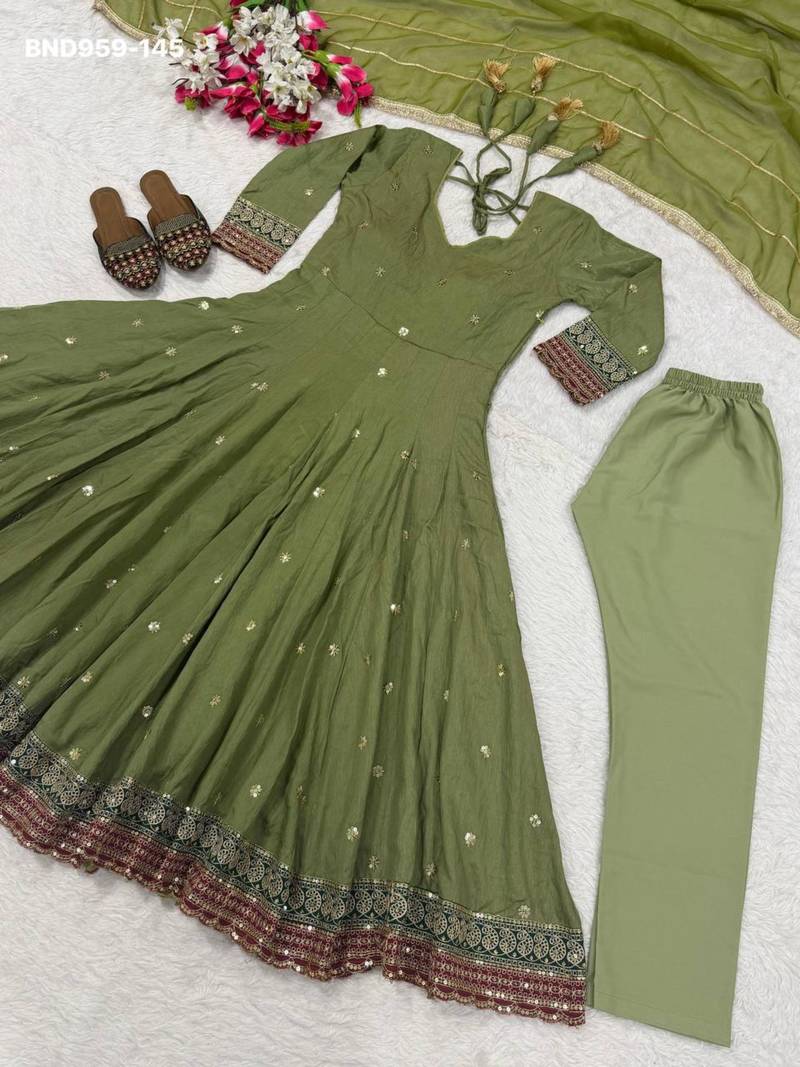 Olive vichitra silk embroidered kurta-sets