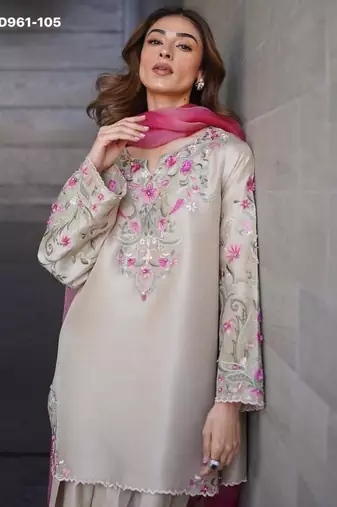 Beige crepe embroidered kurta-sets