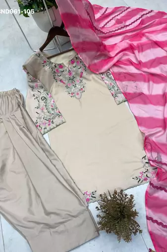 beige crepe kurta set with floral embroidered work