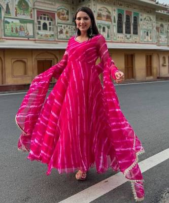 pink georgette anarkali kurta set with printed tie-dye design 1