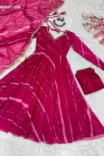 pink georgette anarkali kurta set with printed tie-dye design