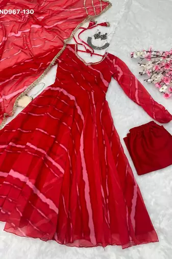 red georgette kurta set with printed pattern