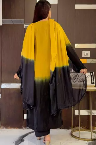 yellow crepe kurta set with embroidered thread design