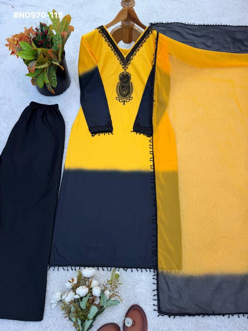 Yellow crepe embroidered kurta-sets