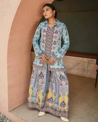 sky blue chinon kurta set with block printed design 1