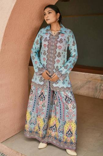 Sky-blue chinon printed kurta-sets
