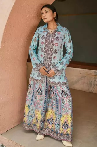 Sky-blue chinon printed kurta-sets