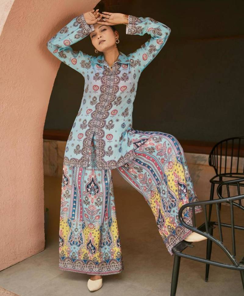 Sky-blue chinon printed kurta-sets
