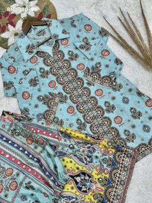 sky blue chinon kurta set with block printed design 4