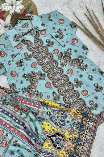sky blue chinon kurta set with block printed design
