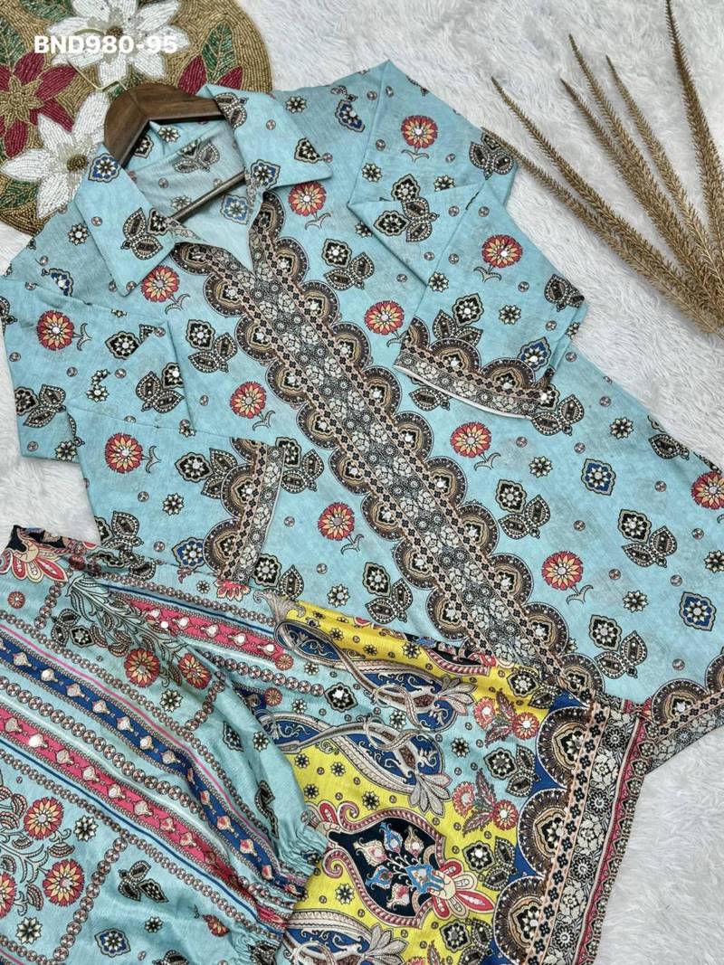 Sky-blue chinon printed kurta-sets