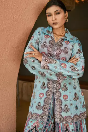 sky blue chinon kurta set with block printed design