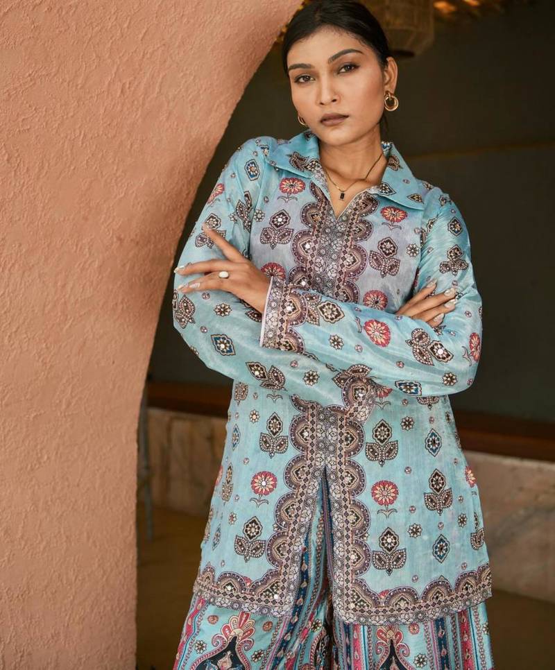 Sky-blue chinon printed kurta-sets