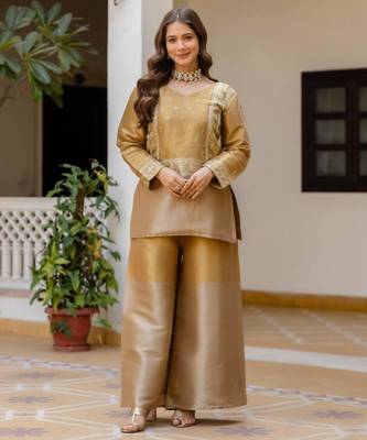 golden viscose kurta set with embroidered sequins work 1