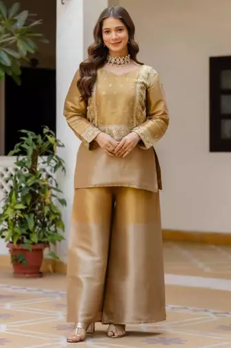 Golden viscose embroidered kurta-sets