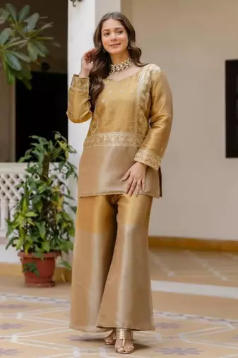 golden viscose kurta set with embroidered sequins work