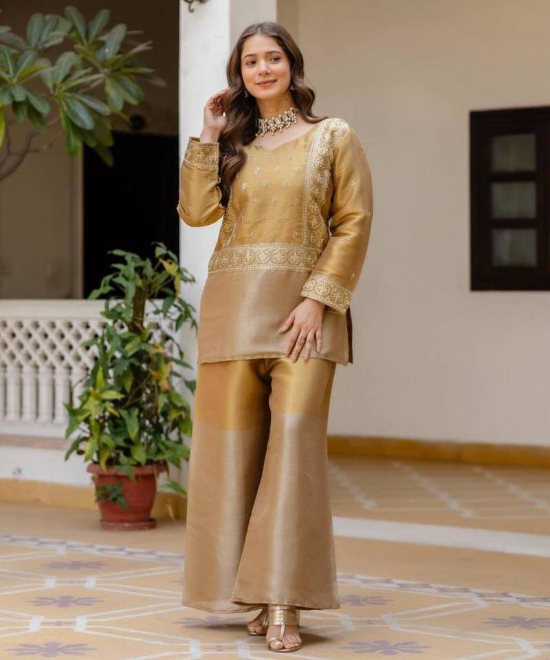 Golden viscose embroidered kurta-sets