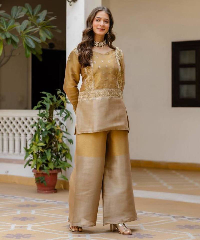 Golden viscose embroidered kurta-sets