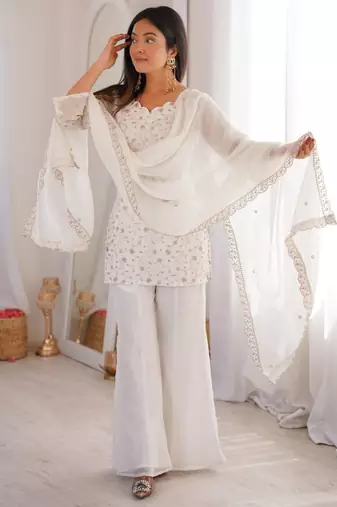 white silk blend kurta set with floral embroidery work