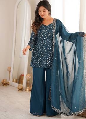 Teal blue embroidered short kurti sharara suit set with dupatta 3